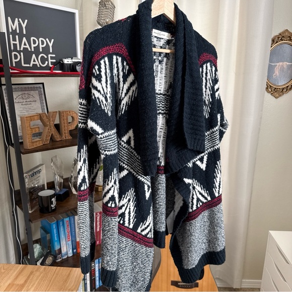 A&F Wool Blend Shawl Collar Open Cardigan Size L Western Nordic White Black Red - Picture 3 of 8